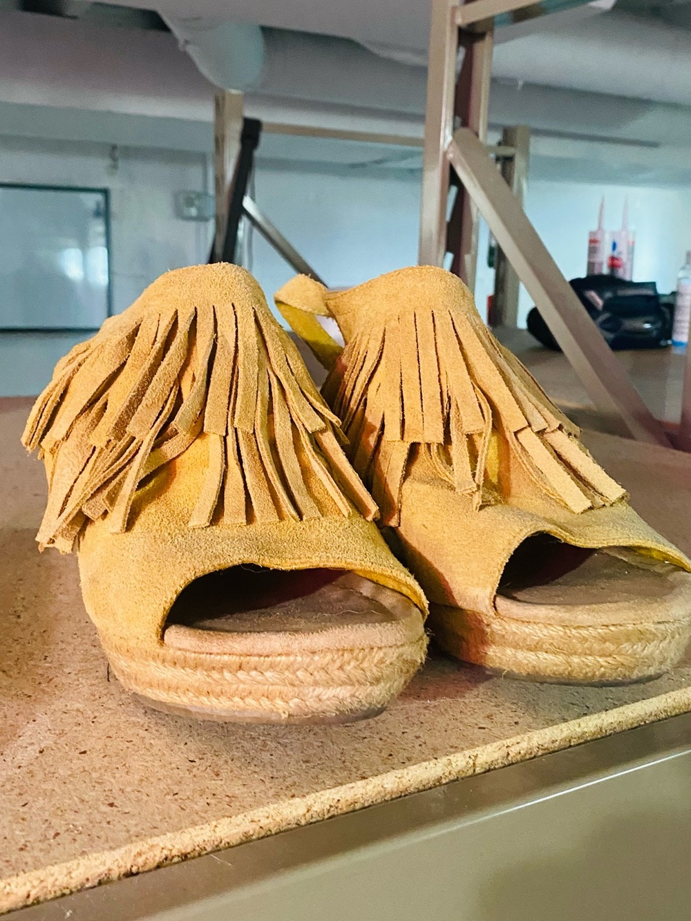 Minnetonka Suede Fringe Espadrille Wedge Sandals - Mustard